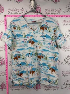 Scrubstar T-shirt Penguin & Moose Winter Print Medical Scrub Top - Light Blue